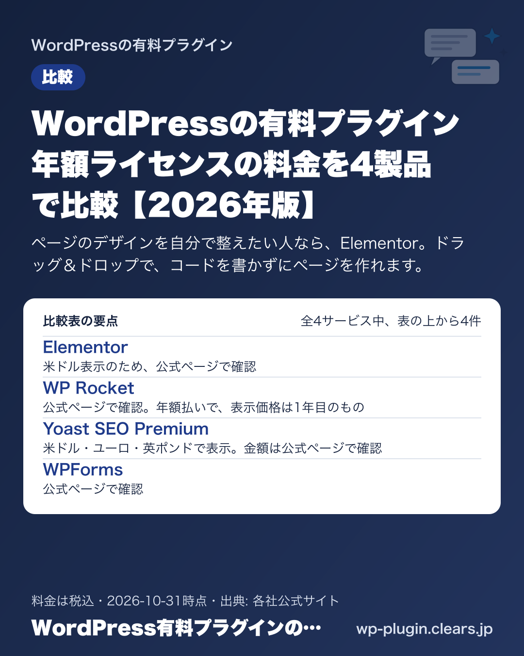 WordPressの有料プラグイン 年額ライセンスの料金を4製品で比較【2026年版】の比較表の要点